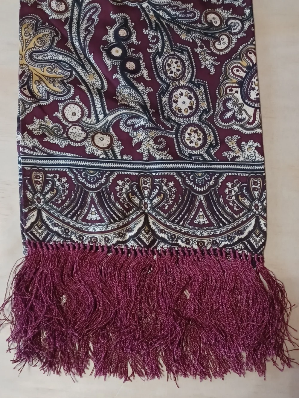 Vintage Paisley Oblong Fringe Scarf 48×10 Silk Feel Burgundy Cream Gold